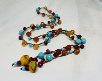 Lariat * Hip Look * Colors Amber Turquoise Deep Red * One of a kind * Wrap at your desired length * 30 inches long