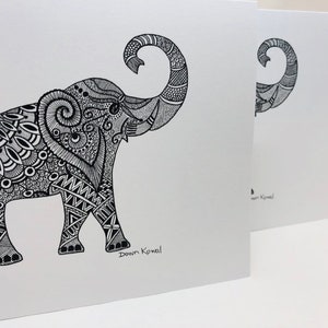 Notitiekaarten OLIFANT - koffer omhoog - veel succes - originele kunst van Dawn Kowal - STATIONERY - pen en inkt - alle gelegenheden blanco van binnen
