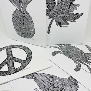 Mix Pack * NOTIZKARTEN * Kardinal * Krabbe * Ananas * Peace Zeichen * Ahornblatt * Einzigartiges Briefpapier von Pen and Ink Hand gezeichnet