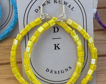 Happy Sunshine Yellow Beaded Hoop Earrings * Summertime Fun * Vacation Mode * Stylish Stand out Statement Dangle Jewelry * Fashion Forward