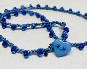 Youth NECKLACE blue with a hint of lilac * Heart button Closure* Choker Style Fun Durable fashionable crocheted jewelry