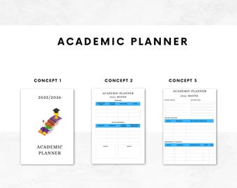 以下が含まれることがあります： 上部に「ACADEMIC PLANNER」の文字が入ったアカデミックプランナー。2025/2026年のセクション、学習目標、試験トラッカー、課題トラッカーが含まれています。デザインには青色のアクセントと卒業帽のイラストが組み込まれています。