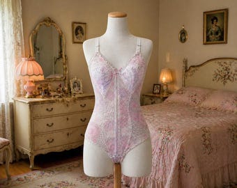 Rare Autentic Vintage 1960s Pink Floral Armonia Bodysuit, Exellent Condition Romantic, Style Retro Bustier Linea Valentina lengerie