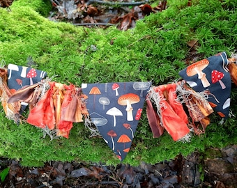 Dark Woodland Mushroom Upcycled Bunting / Garland Cottagecore Decor - 68" Length