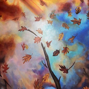 May include: A painting of a tree with brown branches against a colorful background. The background is a mix of orange, yellow, blue, and purple. There are many brown leaves falling from the tree.