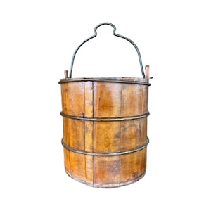Primitive Wooden Bucket with Wrought Iron Bands – Rustic Farmhouse Decor