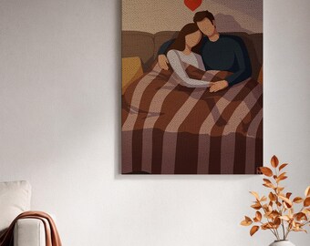 Ingelijst canvas kunstwerk, knus stel dat elkaar omarmt, ingelijst canvas kunstwerk, slaapkamerillustratie, geliefden onder een deken, lief cadeau-idee, woondecoratie