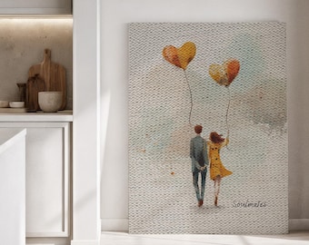 Ingelijst canvas wanddecoratie, zielsverwanten met hartballonnen, ingelijst canvas kunstwerk, romantische decoratie voor stellen, speelse illustratie van geliefden, cadeau-idee