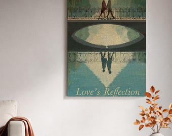 Ingelijst canvas wanddecoratie, Liefdesweerspiegeling in het meer, Ingelijst canvas kunstwerk, Romantische brugdecoratie, Schilderij met weerspiegeling van een stel, Betekenisvol cadeau-idee