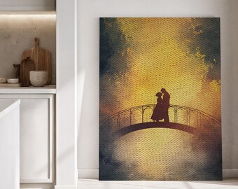 Ingelijst canvas wanddecoratie, Romantisch stel in de wolken, Ingelijst canvas kunstwerk, Dromerige brugdecoratie, Geliefden in de lucht, Minimalistische wanddecoratie, Woondecoratie