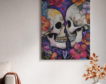 Ingelijste canvas muurdecoratie, kleurrijke bloemen en schedels, ingelijste canvas kunst, Día de Muertos decoratie, gotisch canvas voor liefhebbers, artistieke schedelkunst, woondecoratie
