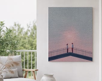 Ingelijst canvas wanddecoratie, silhouet van een stel bij zonsondergang, ingelijst canvas kunstwerk, romantische horizon decoratie, minimalistische illustratie van geliefden, hartverwarmend cadeau