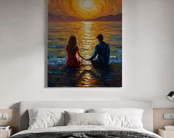 Ingelijst canvas kunstwerk, Romantisch stel bij zonsondergang, Ingelijst canvas kunst, Decoratie voor strandliefhebbers, Impressionistische muurkunst, Canvas met zeegezicht, Woondecoratie