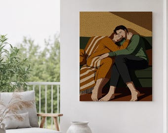 Ingelijst canvas kunstwerk, knus omhelzend stel, ingelijst canvas kunst, illustratie voor de woonkamer, decoratie voor verliefden, romantisch cadeau-idee, woondecoratie