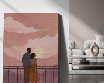 Ingelijst canvas wanddecoratie, silhouet van een stel bij zonsondergang, ingelijst canvas kunstwerk, romantische horizon decoratie, minimalistische illustratie van geliefden, hartverwarmend cadeau