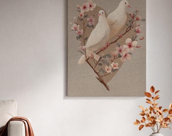 Ingelijst canvas wanddecoratie, witte duiven op kersenbloesem, ingelijst canvas kunstwerk, romantische vogeldecoratie, lente bloemenillustratie, lief cadeau-idee