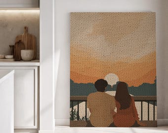 Ingelijst canvas wanddecoratie, silhouet van verliefde stellen bij zonsondergang, ingelijst canvas kunstwerk, romantische horizon decoratie, minimalistische illustratie van een stel, hartverwarmend cadeau