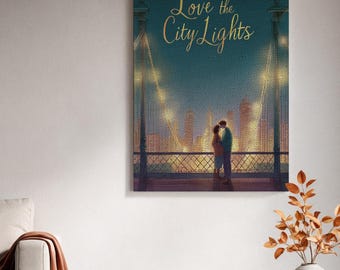 Ingelijst canvas wanddecoratie, Liefde voor de stadslichten, Ingelijst canvas kunstwerk, Romantische brugdecoratie, Nachtelijk stadsgezicht illustratie, Betekenisvol cadeau-idee