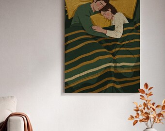 Ingelijste canvas muurdecoratie, schattig knuffelend stelletje, ingelijst canvas kunstwerk, minimalistische decoratie voor geliefden, slaapkamerillustratie, lief cadeau voor een stel