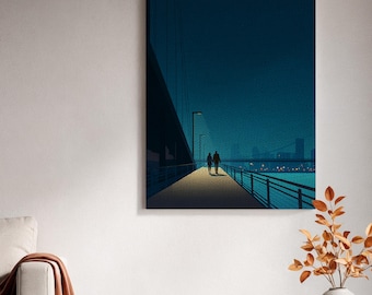 Ingelijst canvas kunstwerk, romantische nachtbrug, ingelijst canvas schilderij, stadslichten decoratie, verliefde stelletjes die 's nachts wandelen, moderne stedelijke kunst, woondecoratie