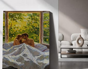 Ingelijst canvas schilderij, romantisch stel, ingelijste canvas kunst, slaapkamer wanddecoratie, impasto schilderij van een stel, kunstwerk voor geliefden, woondecoratie