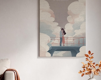 Ingelijst canvas wanddecoratie, Romantisch stel in de wolken, Ingelijst canvas kunstwerk, Dromerige brugdecoratie, Geliefden in de lucht, Minimalistische wanddecoratie, Woondecoratie