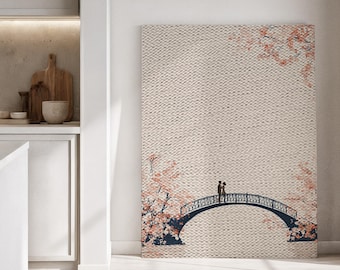 Ingelijst canvas kunstwerk, Romantisch stel op een brug, Ingelijst canvas kunstwerk, Decoratie met kersenbloesems, Verliefde stelletjes die wandelen, Minimalistische natuurkunst
