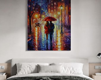Ingelijst canvas kunstwerk, romantische regenachtige nacht, ingelijst canvas kunstwerk, kleurrijke stadsstraatdecoratie, geliefden onder een rode paraplu, impressionistische kunst