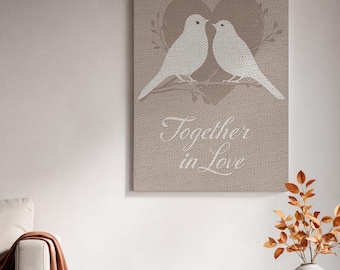 Ingelijst canvas wanddecoratie, verliefde vogels, romantische hartdecoratie, minimalistische vogelillustratie, cadeau-idee, woondecoratie
