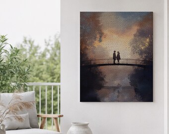 Ingelijste canvas muurdecoratie, romantisch bruglandschap, ingelijste canvas kunst, impressionistische liefdesdecoratie, zonsondergang boven een meer, sfeervolle natuurkunst