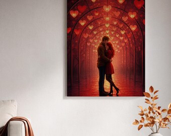 Ingelijste canvas muurdecoratie, romantische harttunnelkunst, ingelijste canvas kunst, Valentijnsdagdecoratie, geliefden in een tunnelkunst, rode hartkunst, woondecoratie