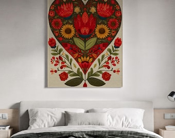Ingelijst canvas wanddecoratie, volkskunst bloemenhart, ingelijst canvas kunstwerk, decoratie met rode tulpen en zonnebloemen, hartvormig natuurschilderij, boho wanddecoratie