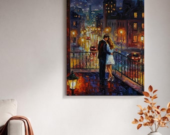 Ingelijst canvas kunstwerk, Romantisch stel in de stad, Ingelijst canvas kunstwerk, Stadsgezicht 's nachts, Geliefden onder straatlantaarns, Stedelijke muurdecoratie, Woondecoratie