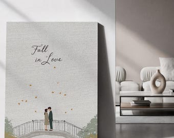 Ingelijst canvas wanddecoratie, Fall in Love Bridge, ingelijst canvas kunstwerk, herfstdecoratie voor geliefden, romantische illustratie van een stel, hartverwarmend cadeau-idee