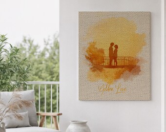 Ingelijst canvas wanddecoratie, Gouden Liefde Aquarel, Ingelijst canvas kunstwerk, Warme Romantische Decoratie, Silhouet van Geliefden, Canvas met Hartverwarmende Citaat