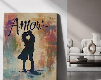 Ingelijst canvas wanddecoratie, romantisch silhouet van liefde, ingelijst canvas kunstwerk, kleurrijke abstracte decoratie, schilderij van verliefden die elkaar omarmen, hartverwarmend cadeau-idee