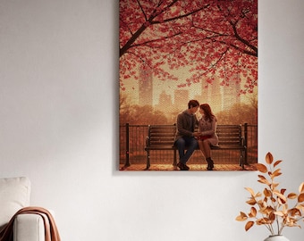 Ingelijst canvas kunstwerk, stel op parkbankje, ingelijst canvas schilderij, kersenbloesemdecoratie, romantische lente-illustratie, hartverwarmend cadeau-idee