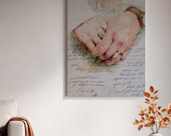 Ingelijst canvas wanddecoratie, illustratie van handen vasthouden, ingelijst canvas kunstwerk, romantische schets van een stel, vintage belettering decoratie, betekenisvol cadeau-idee