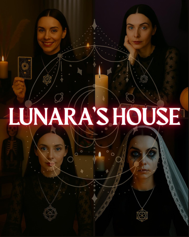 May include: A woman with dark hair and dark clothing is shown in four different poses. She is wearing a necklace with a geometric pendant. The background is dark and features candles and a skeleton. The text "LUNARA'S HOUSE" is displayed in red.