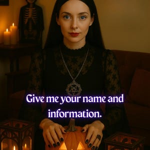 May include: A woman in a black dress with a pentagram necklace holds a carved pumpkin with a lit candle inside. The text "Give me your name and information." is displayed in purple on the image.