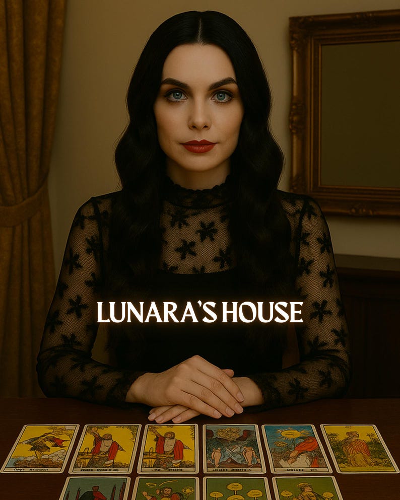 May include: A woman with long black hair sits at a table with a spread of tarot cards. The cards are face up and show various images. The text "LUNARA'S HOUSE" is displayed in yellow letters on a black background.