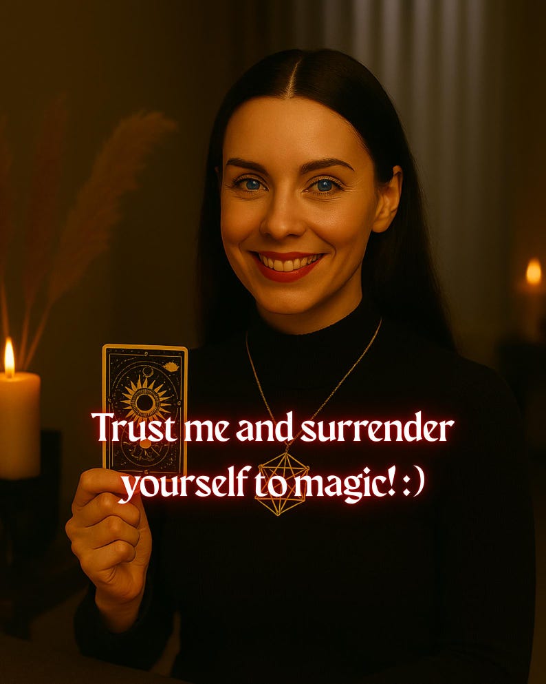 May include: A woman with long dark hair smiles while holding a tarot card with a sun and moon design. The text "Trust me and surrender yourself to magic!" is superimposed on the image.
