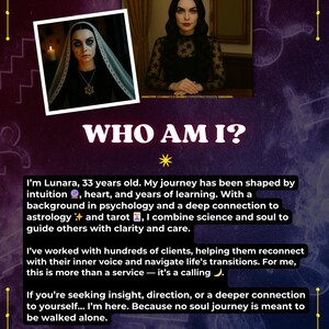 May include: A woman with dark hair and a black dress sits in front of a tarot card spread. The text reads "Who Am I?" and describes the woman as a 33-year-old intuitive who combines science and soul to guide others with clarity and care.