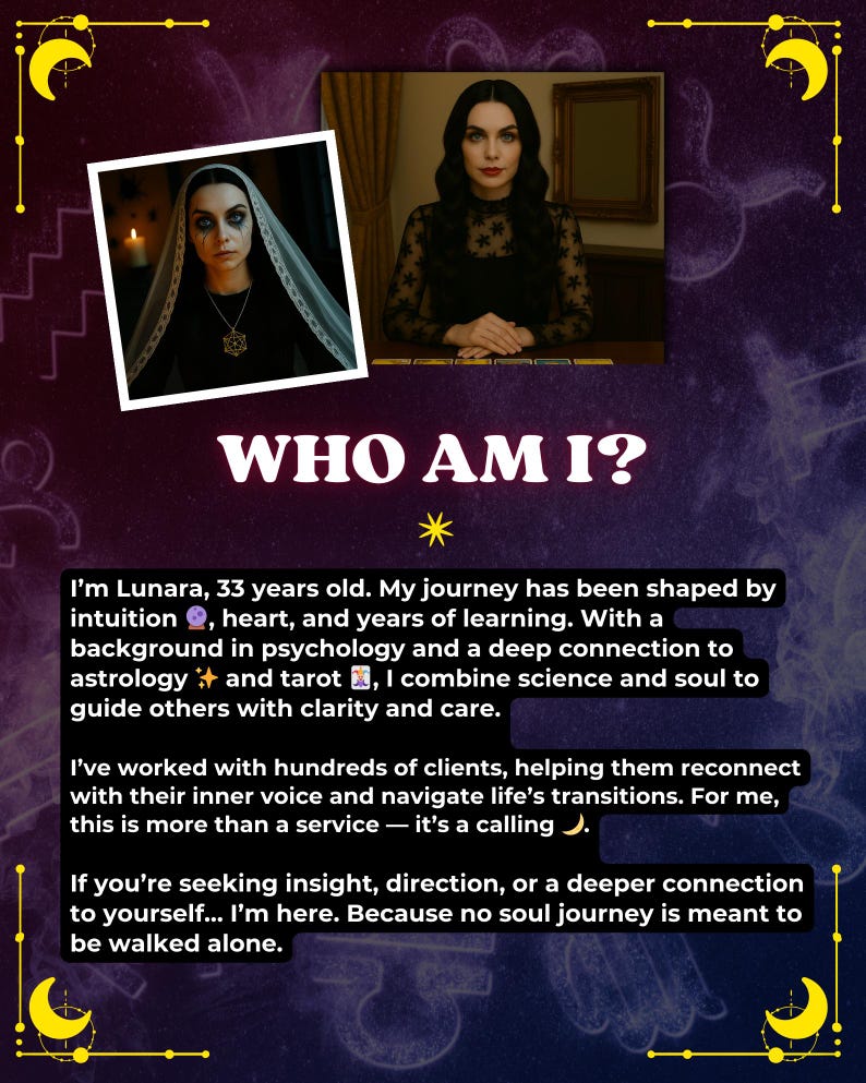 May include: A woman with dark hair and a black dress sits in front of a tarot card spread. The text reads "Who Am I?" and describes the woman as a 33-year-old intuitive who combines science and soul to guide others with clarity and care.