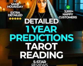 Puede incluir: Imagen que promociona servicios de lectura de tarot. La imagen presenta a una mujer con maquillaje oscuro y un velo, con texto superpuesto que dice "Predicciones Detalladas de 1 Año Lectura de Tarot". Texto adicional incluye "Mismo Día/Hora", "Extra Detallado" y "Calificación 5 Estrellas".