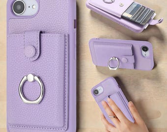 Funda de cuero tipo billetera para iPhone con soporte de anilla y ranura para tarjetas