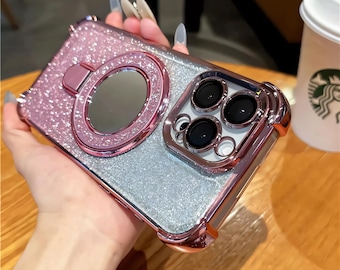 Funda para iPhone con espejo brillante y soporte: cubierta brillante a prueba de golpes