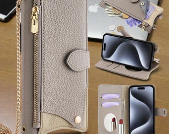 Funda tipo cartera para iPhone con bandolera: correa para el cuello y tarjetero