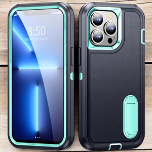 May include: Two black and teal phone cases. The phone on the left displays the time 8:50 and the date Friday, October 25. The cases have a protective design with teal accents and a built-in kickstand.