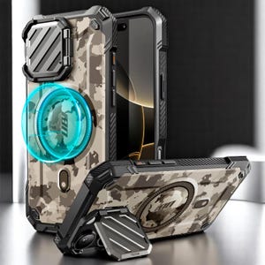 May include: A black and tan camouflage phone case with a built-in kickstand and a ring holder. The case has a textured design and a raised lip around the camera lens.